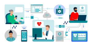 Doctors inf ront of various computer devices and a mix of icons such as a doctor's bag, and a few patients. Denial management and claim denials are important to stay informed about.