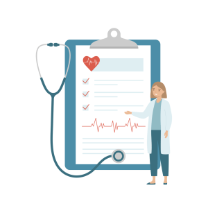 Stethoscope with a doctor in a long white coat pointing to a picture of text with checkmarks and a red heart along with a cartoon of the electric signals of a heart beating. Member statements are extremely important to doctors and payers. 