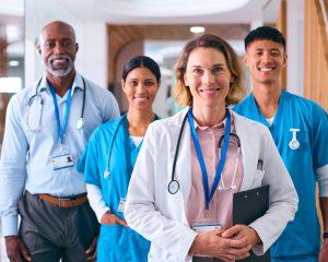 Portrait Of Smiling Multi Cultural Medical Team Wearing Scrubs And White Coats In Modern Hospital