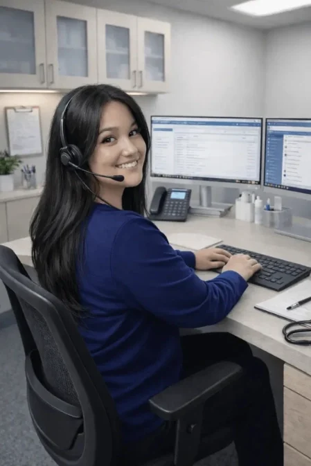 A girl working at her desk in an office space.